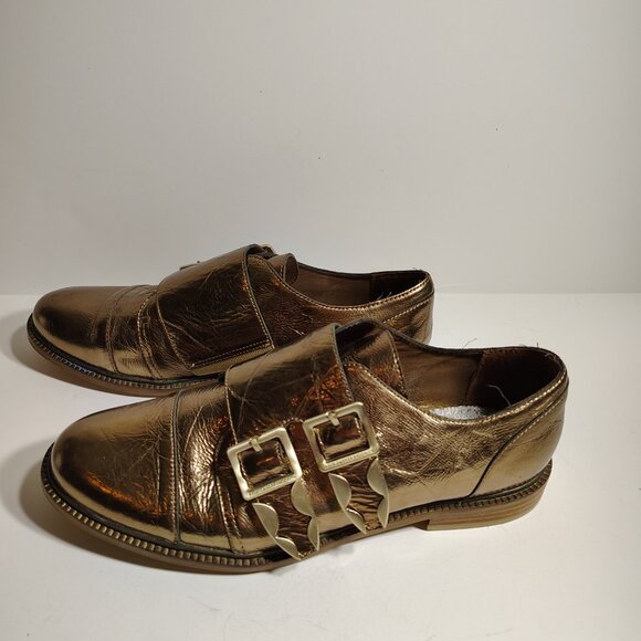 Anthropologie Kelsey Dagger Brooklyn Copper Foiled Buckle Loafers Metallic SZ 10 - Picture 2 of 13